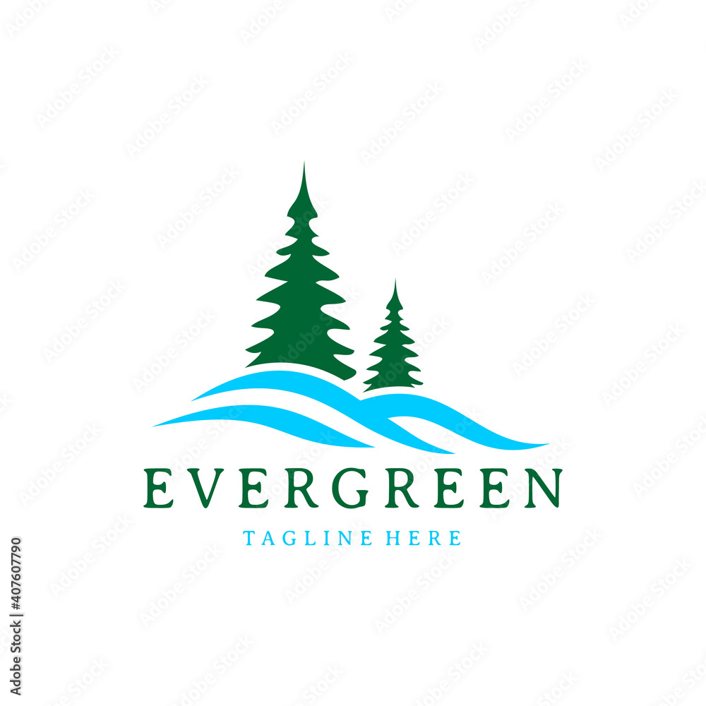Retro Vintage Pine, Evergreen, Fir, Hemlock, Spruce, Conifer, Cedar, Coniferous, Cypress, Larch Trees with Ocean Wave Logo Design