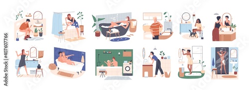 Scenes of daily hygiene routine in bathroom. People bathing, shaving, brushing teeth and sitting on toilet seat. Personal morning care. Colored flat vector illustration isolated on white background