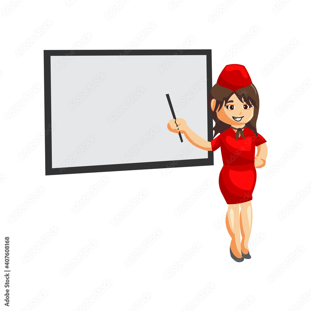 Flying attendants air hostess Profession stewardess with blank board cartoon character illustration Flying attendants air hostess Profession stewardess with blank board cartoon character illustration