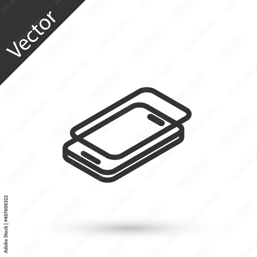 Grey line Glass screen protector for smartphone icon isolated on white background. Protective film for glass. Transparent soft glass for mobile phone. Vector. Grey line Glass screen protector for smartphone icon isolated on white background. Protective film for glass. Transparent soft glass for mobile phone. Vector.