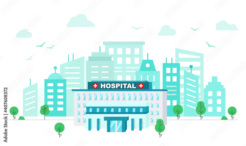 Obraz premium Hospital building in flat style. Medical center building on the background of a big city. Vector illustration green color.