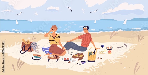 Happy couple drinking wine and eating at seaside. Young man and woman spending time together at picnic on sandy beach. People resting and enjoying outdoor date. Flat vector illustration