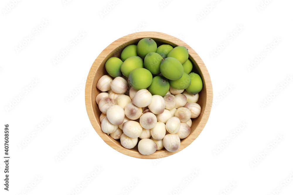 Lotus seeds close up on white background.