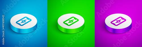Isometric line Smartphone charging battery icon isolated on blue, green and purple background. Phone with a low battery charge. White circle button. Vector.