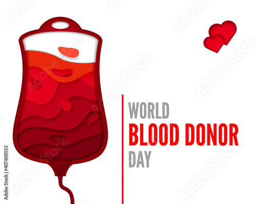 World blood donor day posters or invitations. Medical design with a blood bag. Vector illustration, paper cut style. Place for text. Blood Donation.