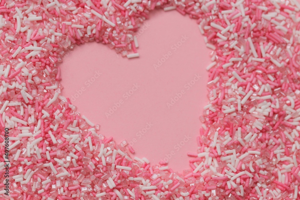 Valentine's day background. Love concept. Postcard with blank hearts.Pink heart in pink sugar decor. 