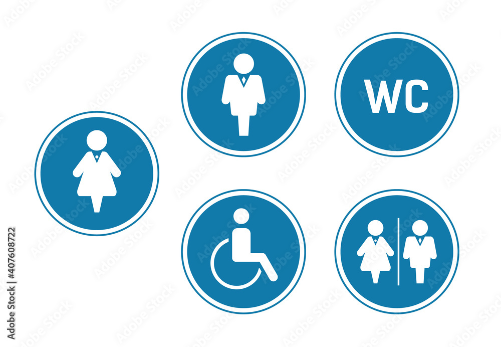 WC toilet sign icons for toilet door. Blue circle Set Washroom vector sign. Toilet and restroom symbol. Male, female symbol for door. Pictogram WC symbol. WC toilet sign icons for toilet door. Blue circle Set Washroom vector sign. Toilet and restroom symbol. Male, female symbol for door. Pictogram WC symbol.