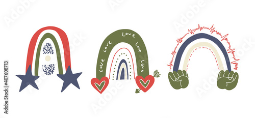 A set of three different rainbows. Trendy rainbows with hearts and stars clenching fists united. Vector stock illustration isolated on white background.