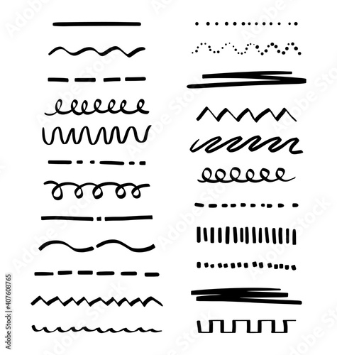 A set of various highlighter and underline lines. A collection of graphic elements drawn by hand with a free brush. Vector stock illustration of doodle strokes and markers isolated on white background