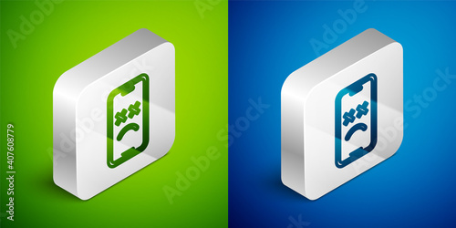 Isometric line Dead mobile icon isolated on green and blue background. Deceased digital device emoji symbol. Corpse smartphone showing facial emotion. Silver square button. Vector.