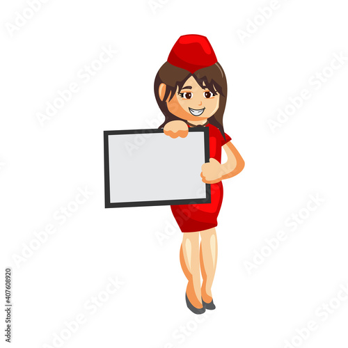 Flying attendants air hostess Profession stewardess with blank board cartoon character illustration