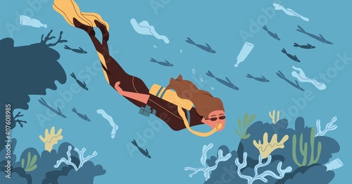 Ecological catastrophe and water contamination concept. Female scuba diver floating in dirty sea or ocean contaminated with plastic garbage. Endangered underwater ecosystem. Flat vector illustration