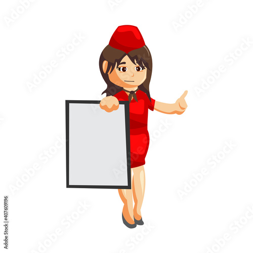Flying attendants air hostess Profession stewardess with blank board cartoon character illustration