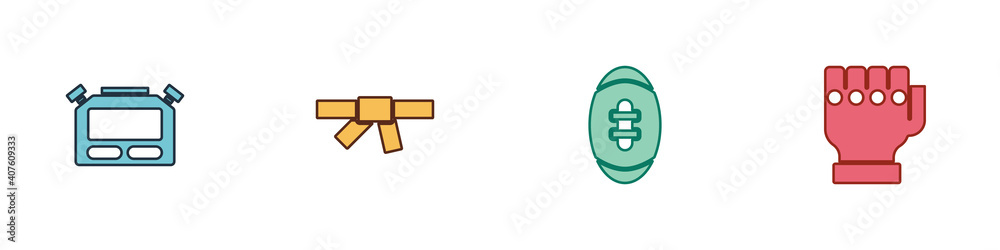 Set Stopwatch, Black karate belt, American Football ball and MMA glove icon. Vector. Set Stopwatch, Black karate belt, American Football ball and MMA glove icon. Vector.