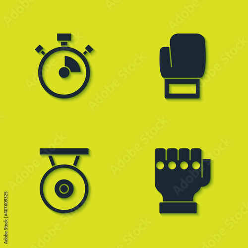 Set Stopwatch, MMA glove, Gong and Boxing icon. Vector.