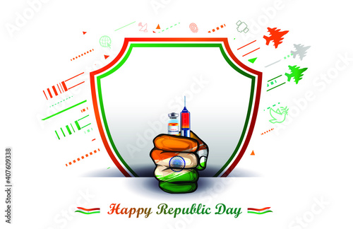 Vector illustration, Republic day of India background with hand holding Covid 19 immunity vaccine ideas concept, presentation, growth showoff, Indian army parade, technology success of Indian photo