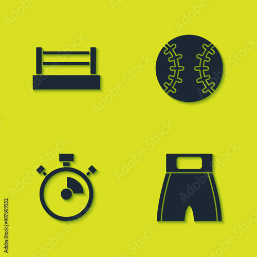 Set Boxing ring, short, Stopwatch and Baseball ball icon. Vector.
