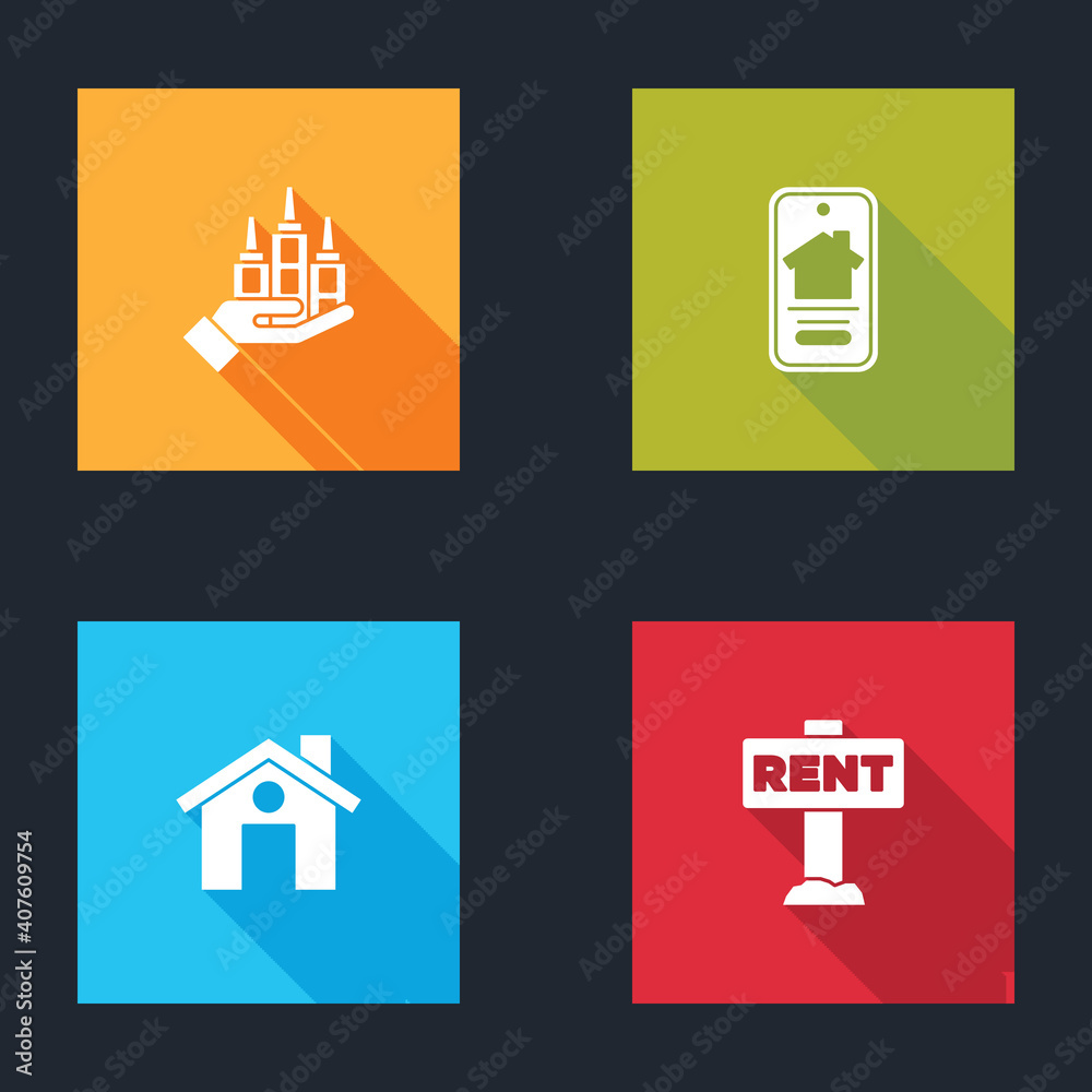 Set Skyscraper, Online real estate house, House and Hanging sign with Rent icon. Vector. Set Skyscraper, Online real estate house, House and Hanging sign with Rent icon. Vector.