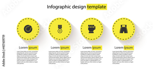 Set Tennis ball, Medal, MMA glove and Boxing short. Business infographic template. Vector.