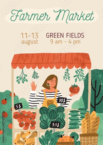 Template design of invitation banner with place for text. Promo poster of organic and eco-friendly farmer market event for vegetarians. Flat textured vertical vector illustration of vegetable shop