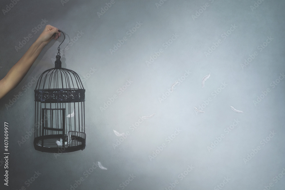 person gives freedom to a bird locked in a cage, feathers flying, concept of freedom