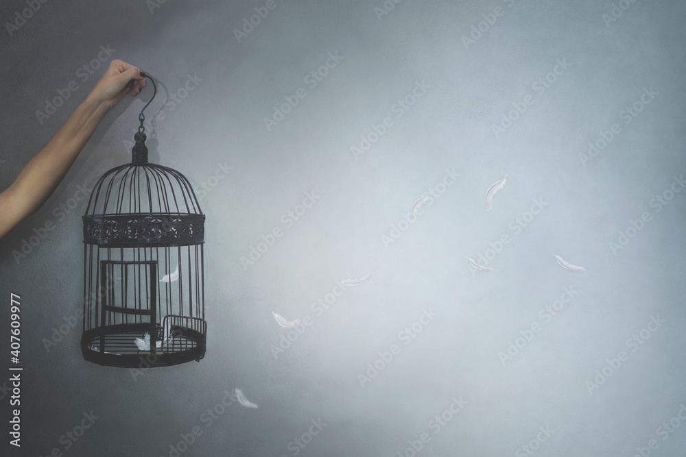 person gives freedom to a bird locked in a cage, feathers flying, concept of freedom person gives freedom to a bird locked in a cage, feathers flying, concept of freedom