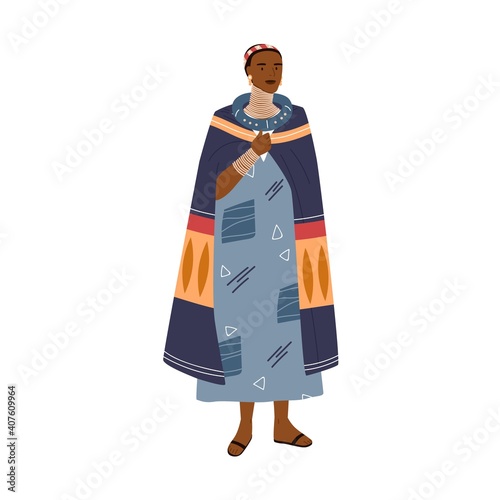 Female character with brass coils or rings around long neck. Woman wearing tr...