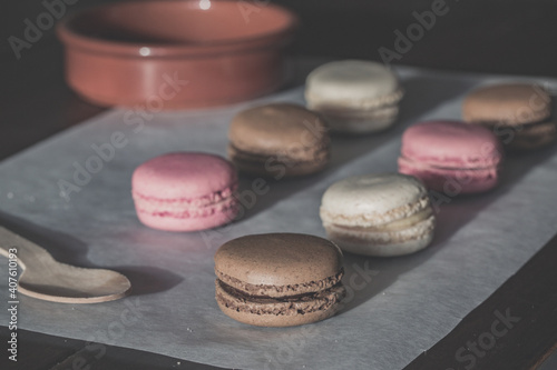 homemade colourful macaroons freshly made at a bakery