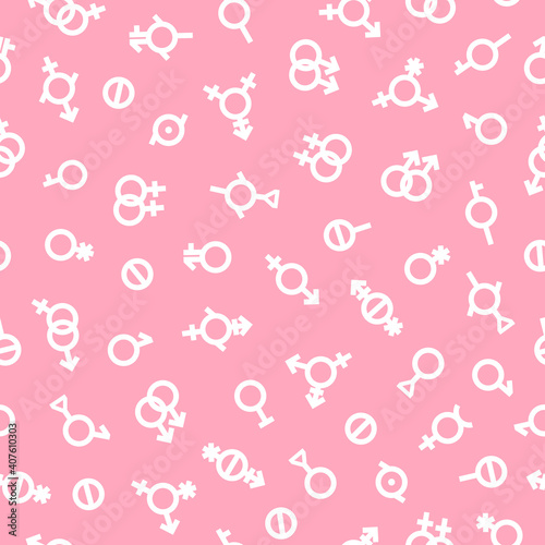 LGDT pride Gender Seamless pattern. Bigender, agender, neutrois, asexual, lesbian, homosexual, bisexual icon orientation. Vector pink and white surface background. Sexual human identity illustration.