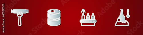 Set Sausage on the fork, Metal beer keg, Conveyor band, and Cold bottle icon. Vector.