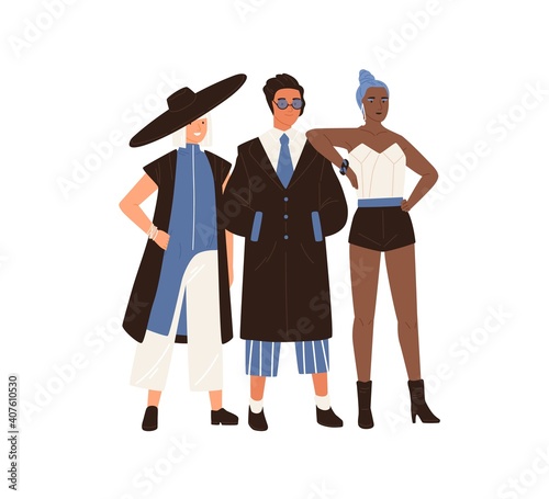 Male and female eccentric fashion models posing in stylish extravagant outfit isolated on white background. Modern man and women wearing fashionable clothes. Colorful flat vector illustration