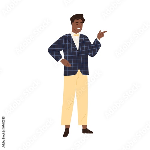 Confident winking seducer isolated on white background. Cool charming African American man flirting, smiling and gesturing with index finger. Colorful flat vector illustration