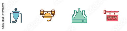 Set Beer brewing process, helmet, Pack of beer bottles and Street signboard with icon. Vector.