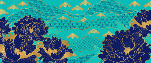 Luxury gold floral oriental style background vector. Flower wallpaper design with peony flower, Japanese pattern, Chinese oriental line art with golden texture. Vector illustration.