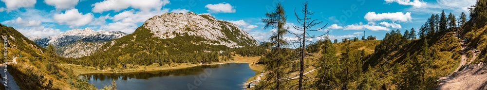 High resolution stitched panorama of a beautiful alpine summer view with reflections in a lake at the famous Tauplitzalm, Salzkammergut, Steiermark, Austria