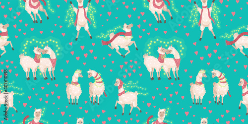 Seamless vector pattern with cute alpacas and hearts. Child illustration with a lama from Peru. In cartoon flat style.