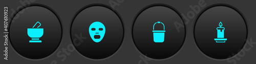Set Mortar and pestle, Facial cosmetic mask, Sauna bucket and Aroma candle icon. Vector.