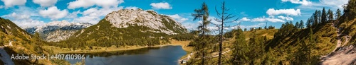 Fototapeta Naklejka Na Ścianę i Meble -  High resolution stitched panorama of a beautiful alpine summer view with reflections in a lake at the famous Tauplitzalm, Salzkammergut, Steiermark, Austria