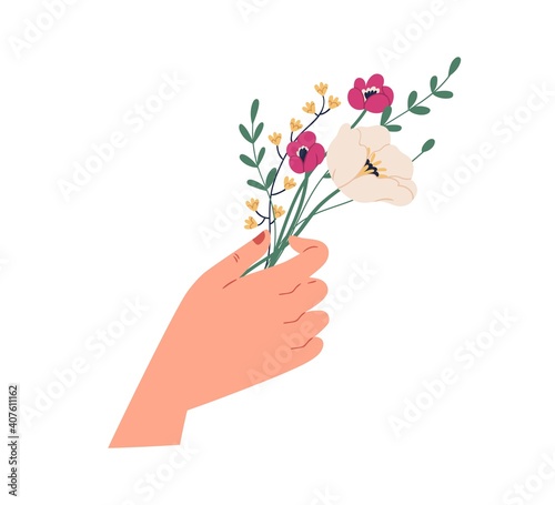 Female hand holding elegant small bouquet of delicate wild flowers. Beautiful spring bunch of anemones and green twigs. Colorful flat vector illustration isolated on white background