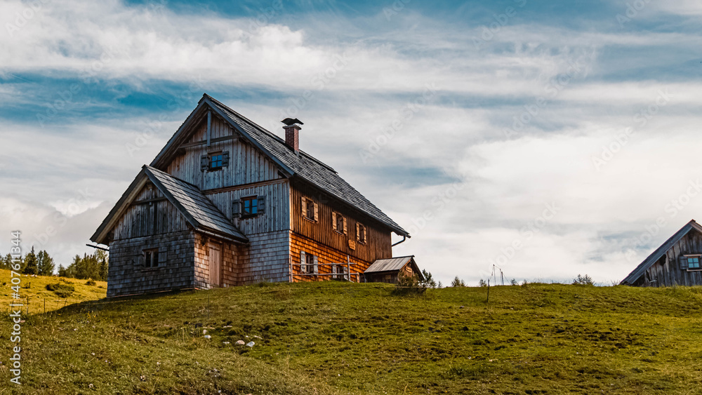 Beautiful alpine summer view with a wooden house at the famous Tauplitzalm, Salzkammergut, Steiermark, Austria