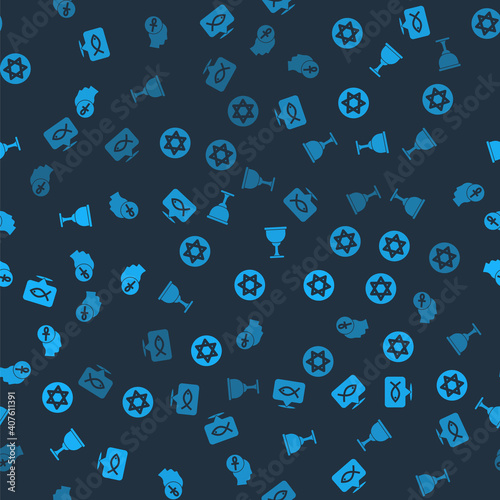Set Christian fish, Star of David, Holy grail or chalice and Cross ankh on seamless pattern. Vector.