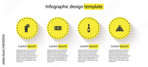 Set Tequila glass with lemon, Mexican carpet, Tabasco sauce and Chichen Itza in Mayan. Business infographic template. Vector.
