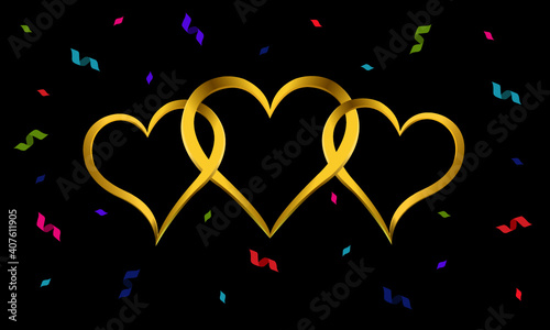 Love that fits well together.Three golden hearts looped together. Small ribbon various colors are blown away. 
