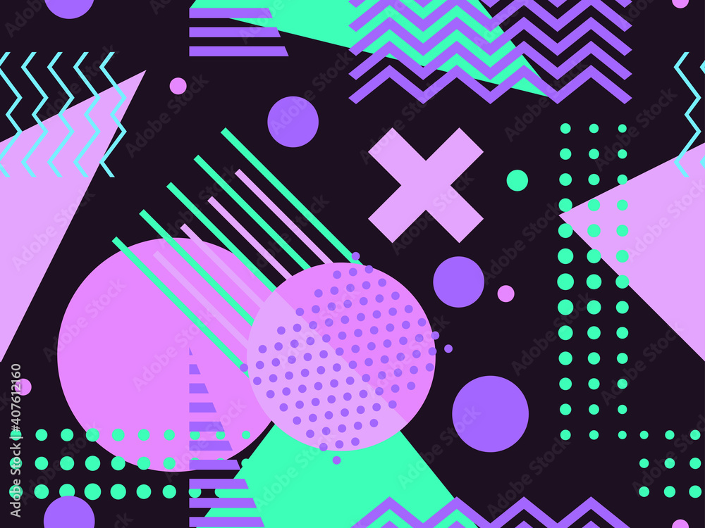 Seamless pattern with geometric shapes in the style of the 80s. Trendy retro background for printing on paper, advertising materials and fabric. Vector illustration Seamless pattern with geometric shapes in the style of the 80s. Trendy retro background for printing on paper, advertising materials and fabric. Vector illustration