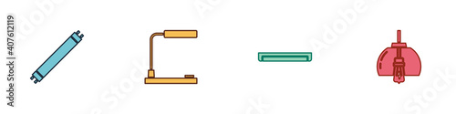 Set Fluorescent lamp, Table, and Chandelier icon. Vector.
