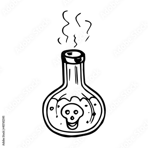 Magic poisonous potion in a flask with a skull. Witchcraft witch item. Hand drawn black doodle sketch outline tattoo engraving. Stock vector illustration isolated on white background.