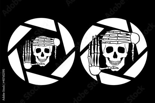 Photographer is cropping future photography. Lens aperture, camera diaphragm. Skull, skeleton, bones