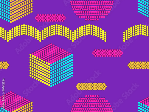 Geometric shapes from dots. Abstract seamless pattern in pop art style. Background for printing on paper, advertising materials and fabric. Vector illustration