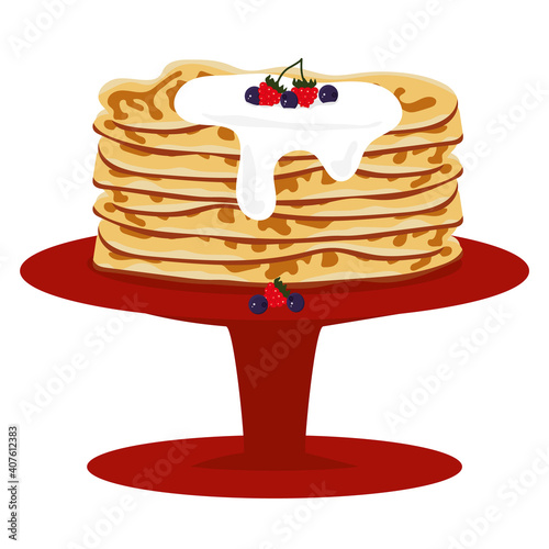 pancakes with sour cream on a high stand with a thin leg