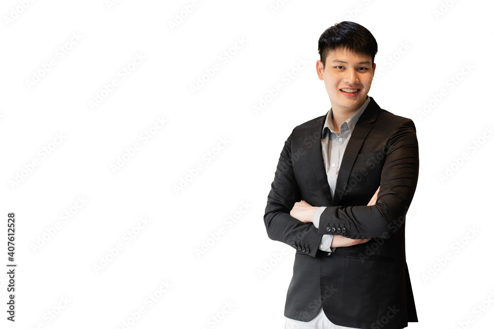 Asian businessman wear black suit crossed arms isolated on white background, clipping path. Asian businessman wear black suit crossed arms isolated on white background, clipping path.